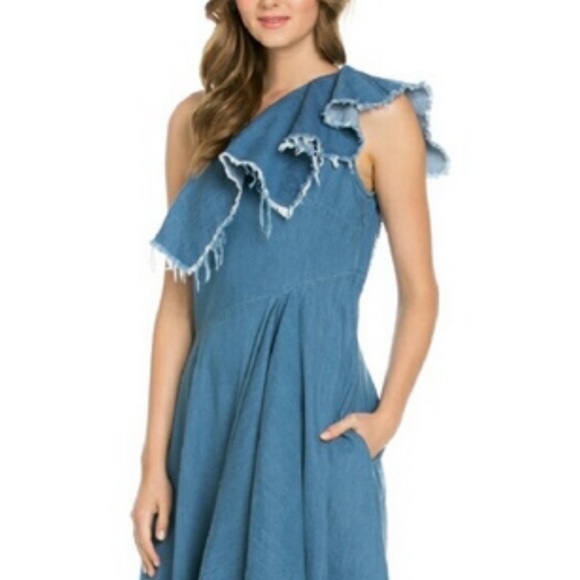 TOV HOLY DENIM ONE SHOULDER RAW HEM RUFFLE HIGH LOW MIDI DRESS - Picture 2 of 16